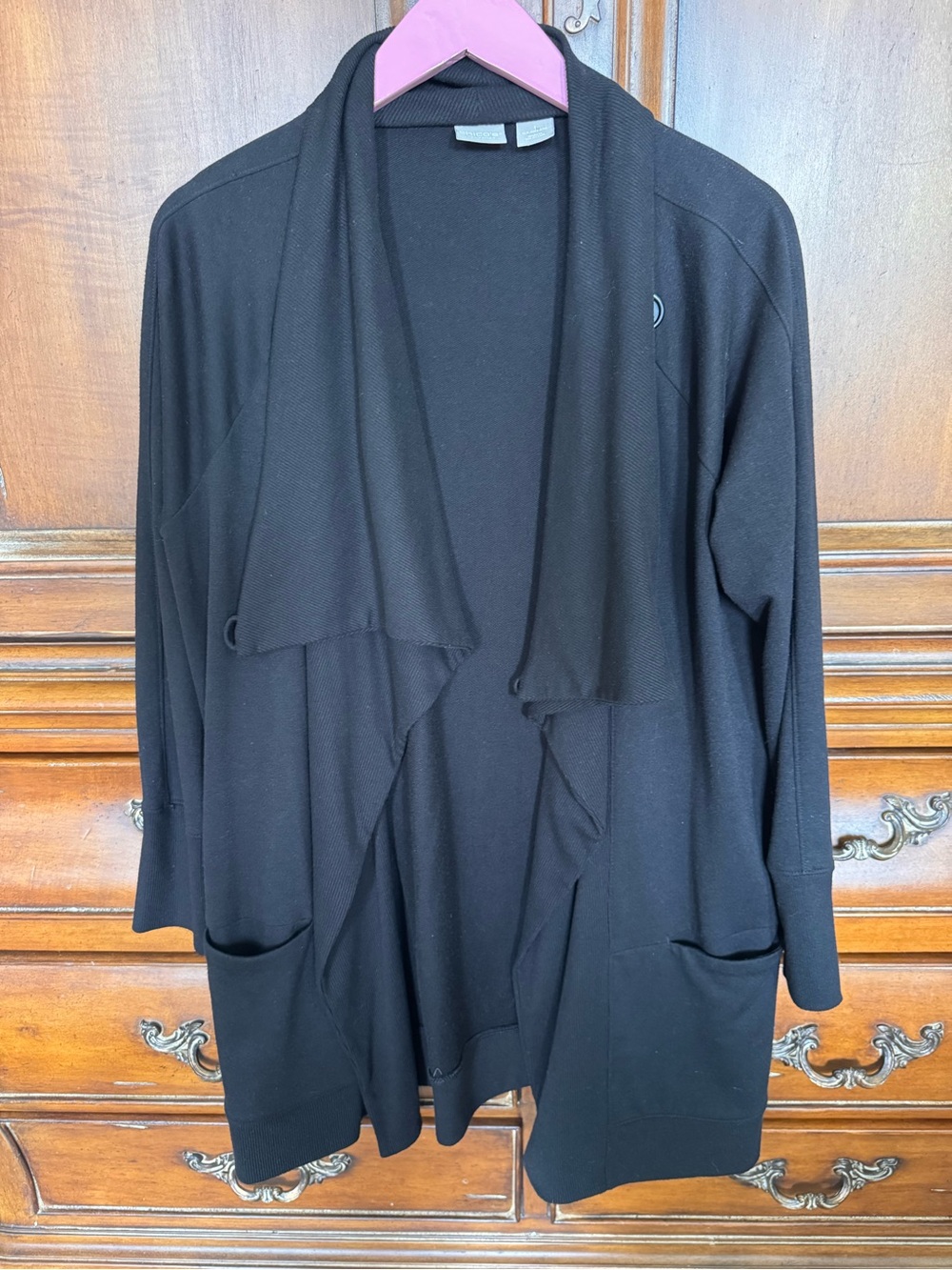 Chico's Zenergy Black Draped Open-Front Jacket w/stylish neck cowl neck button